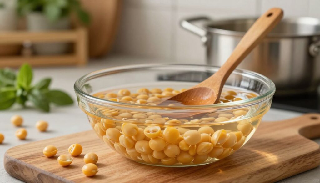 A close-up view of split yellow peas being soaked in a bowl of water, surrounded by rustic kitchen elements. In the foreground, a wooden cutting board displays a handful of dried peas, emphasizing their texture and color. The bowl is filled with clear water, reflecting soft, warm kitchen lighting. In the middle ground, a stainless steel pot and a wooden spoon hint at the cooking process about to begin. The background features a softly blurred kitchen setting, perhaps with herbs and cooking utensils neatly arranged on shelves. The overall mood is inviting and homey, evoking a sense of preparation and care in the cooking process, with natural lighting casting gentle shadows to enhance the atmosphere.