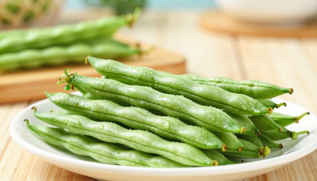 A close-up view of vibrant green string beans (fasolka szparagowa) freshly cooked and glistening with water droplets, highlighting their intense color and natural sheen. The foreground features a pristine white plate stacked with the beans, emphasizing their crispness and ideal cooking state. In the middle ground, a wooden cutting board showcases a few whole uncut beans, adding texture to the composition. The background consists of a softly blurred kitchen scene with warm, natural lighting that creates an inviting atmosphere, suggesting a homely cooking environment. The image is taken from a slightly elevated angle, allowing for a clear view of the freshness and vivid color of the beans, aiming to evoke a sense of culinary vibrancy and healthfulness. A close-up view of vibrant green string beans (fasolka szparagowa) freshly cooked and glistening with water droplets, highlighting their intense color and natural sheen. The foreground features a pristine white plate stacked with the beans, emphasizing their crispness and ideal cooking state. In the middle ground, a wooden cutting board showcases a few whole uncut beans, adding texture to the composition. The background consists of a softly blurred kitchen scene with warm, natural lighting that creates an inviting atmosphere, suggesting a homely cooking environment. The image is taken from a slightly elevated angle, allowing for a clear view of the freshness and vivid color of the beans, aiming to evoke a sense of culinary vibrancy and healthfulness.