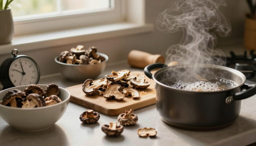 A cluttered kitchen countertop featuring various mistakes while cooking dried mushrooms. In the foreground, a pot of overcooked mushrooms bubbling over with steam, next to a timer showing a long cooking duration. In the middle, a cutting board scattered with improperly sliced mushrooms, some discolored and shriveled. A nearby bowl contains mushrooms that were not soaked properly, appearing dry. In the background, a window lets in soft, warm light, creating a cozy yet chaotic atmosphere, highlighting the culinary mishaps. Use a slightly blurred focus on the background to emphasize the foreground details, evoking a sense of caution and learning from kitchen errors. A cluttered kitchen countertop featuring various mistakes while cooking dried mushrooms. In the foreground, a pot of overcooked mushrooms bubbling over with steam, next to a timer showing a long cooking duration. In the middle, a cutting board scattered with improperly sliced mushrooms, some discolored and shriveled. A nearby bowl contains mushrooms that were not soaked properly, appearing dry. In the background, a window lets in soft, warm light, creating a cozy yet chaotic atmosphere, highlighting the culinary mishaps. Use a slightly blurred focus on the background to emphasize the foreground details, evoking a sense of caution and learning from kitchen errors.