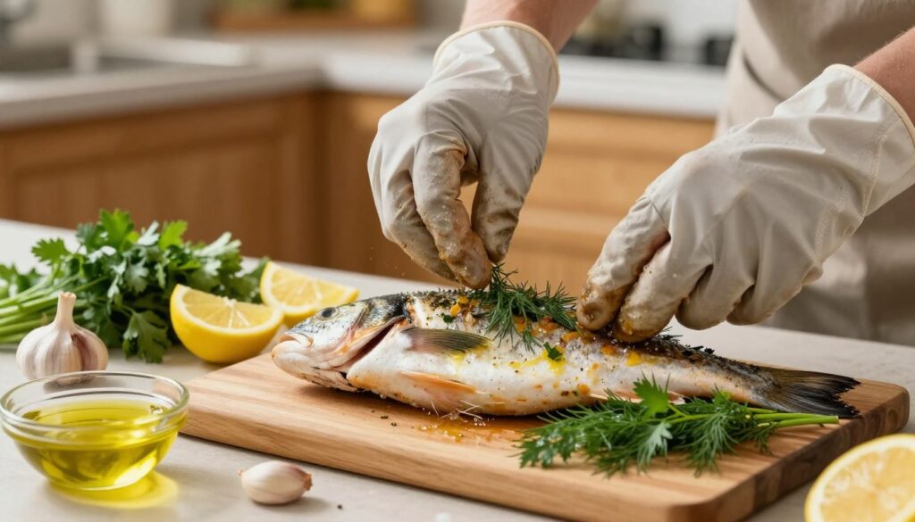 A colorful kitchen setting focused on the preparation of a whole fish for baking. In the foreground, a pair of hands, wearing modest cooking gloves, is expertly seasoning a whole fish placed on a wooden cutting board, surrounded by fresh herbs like dill and parsley. In the middle, ingredients scattered around, including slices of lemon, garlic cloves, and a small bowl of olive oil, add vibrancy to the scene. The background reveals a warm, inviting kitchen with subtle wooden cabinets, warm lighting casting a soft glow over the preparation area. A close-up angle highlights the textures of the fish and herbs, creating a mouth-watering, aromatic atmosphere, perfect for illustrating the preparation stage of baking fish.