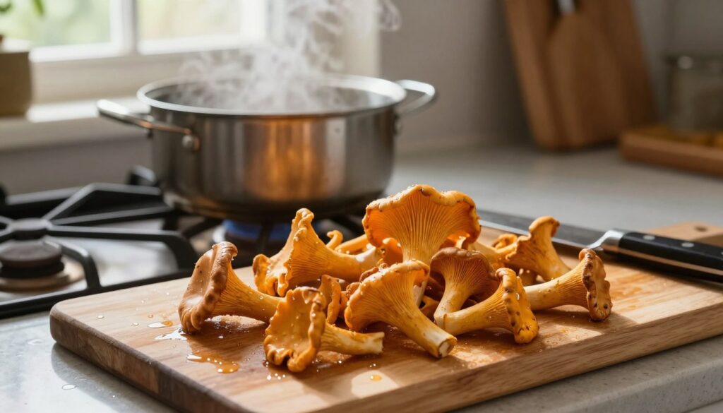 A cozy kitchen scene depicting the preparation of chanterelle and saffron mushrooms for freezing. In the foreground, a wooden cutting board is filled with freshly cleaned, vibrant orange chanterelles and earthy yellow saffron mushrooms, glistening with droplets of water. A chef's knife rests nearby, and in the background, a pot on the stove simmers with steaming water, ready for blanching. Soft, natural light filters through a window, casting gentle shadows and creating a warm, inviting atmosphere. The colors are rich and appetizing, highlighting the freshness of the mushrooms, while kitchen utensils neatly arranged on the countertops enhance the homely feel. The image captures the essence of careful food preparation, emphasizing a rustic yet tidy environment. A cozy kitchen scene depicting the preparation of chanterelle and saffron mushrooms for freezing. In the foreground, a wooden cutting board is filled with freshly cleaned, vibrant orange chanterelles and earthy yellow saffron mushrooms, glistening with droplets of water. A chef's knife rests nearby, and in the background, a pot on the stove simmers with steaming water, ready for blanching. Soft, natural light filters through a window, casting gentle shadows and creating a warm, inviting atmosphere. The colors are rich and appetizing, highlighting the freshness of the mushrooms, while kitchen utensils neatly arranged on the countertops enhance the homely feel. The image captures the essence of careful food preparation, emphasizing a rustic yet tidy environment.