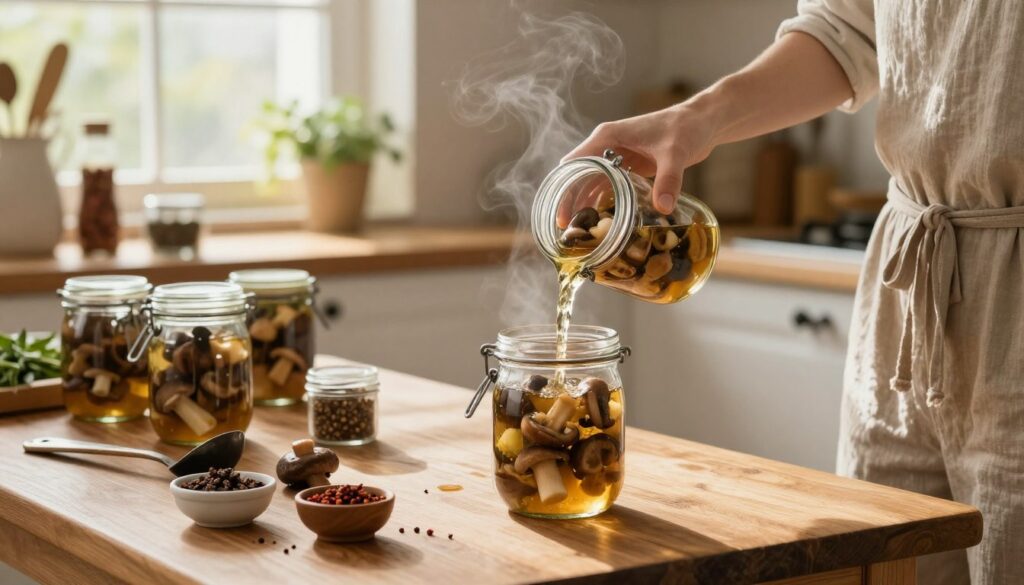 A cozy kitchen scene featuring jars being filled with hot, freshly prepared mushrooms in a rich marinade. In the foreground, a person wearing a modest casual outfit carefully pours aromatic golden liquid over the mushrooms in a glass jar, steam rising from the contents, highlighting their freshness. In the middle, a wooden table is scattered with several jars, a ladle, and small bowls of various spices, creating a warm and inviting atmosphere. In the background, soft, natural light streams through a window, illuminating the kitchen filled with rustic decor and shelves lined with herbs and spices. The overall mood is nurturing and homely, embodying the joy of preserving seasonal flavors.