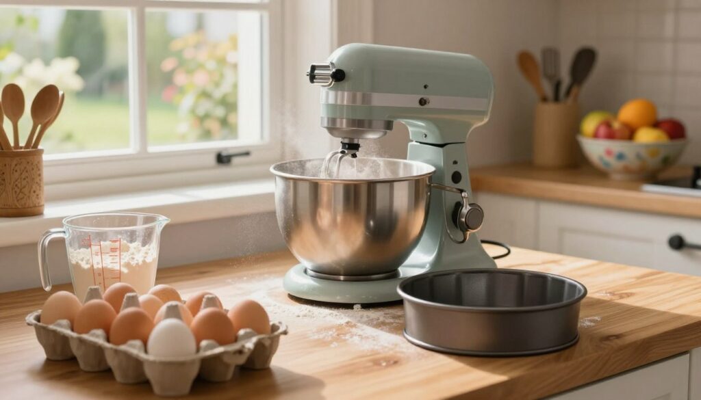 A cozy kitchen scene focused on the preparation of ingredients for a sponge cake. In the foreground, a wooden countertop displays fresh eggs in a carton, a measuring cup filled with flour, and a greased round cake pan ready for use. Mid-ground features a stand mixer with a shiny bowl, with flour dust gently hovering in the air, illuminated by soft, warm lighting. In the background, a window reveals a glimpse of a sunny garden, enhancing the inviting atmosphere. The kitchen is decorated with culinary tools and a colorful fruit bowl, contributing to a homey feel. The overall mood is cheerful and inviting, perfect for baking enthusiasts preparing for a sweet treat.