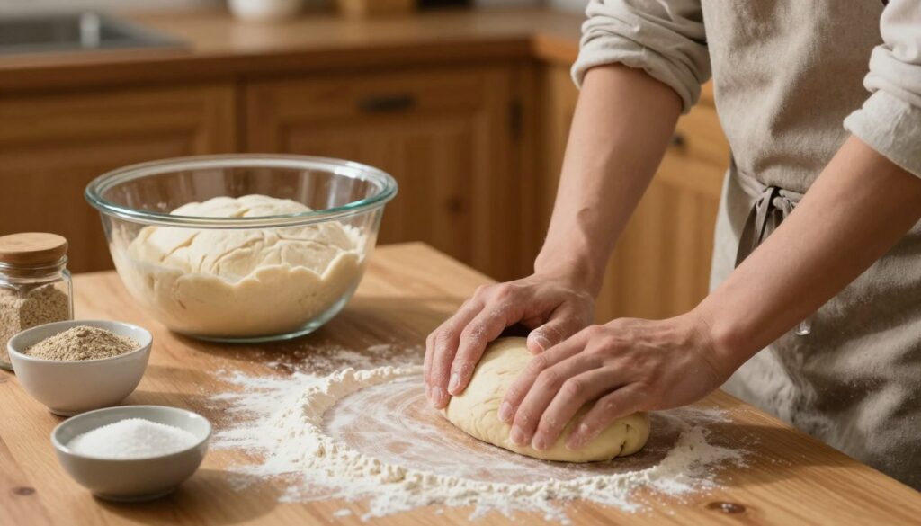 A cozy kitchen scene focused on the process of making dough for bread rolls. In the foreground, a wooden table is scattered with flour and an array of baking ingredients including yeast, sugar, and a bowl of kneaded dough. A pair of hands, casually dressed in a modest apron, is shown gently shaping the dough into round rolls, emphasizing the tactile nature of the preparation. In the middle ground, a large mixing bowl rests beside an elegant glass container filled with rising dough, showcasing its puffy texture. The background features warm wooden cabinets and soft overhead lighting that creates an inviting atmosphere. The focus is on the details of preparation and the art of baking, conveying a sense of homely warmth and the anticipation of freshly baked bread.