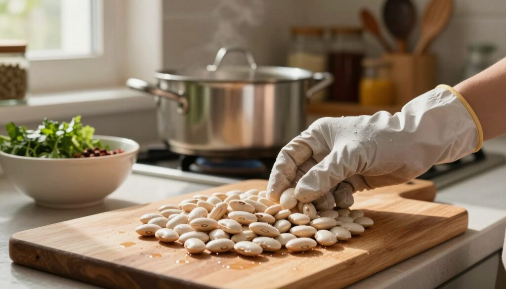A cozy kitchen scene focuses on the preparation of dried beans before cooking. In the foreground, a wooden cutting board is filled with clean, plump white beans, glistening with water droplets. A hand, clad in a modest kitchen glove, skillfully sorts the beans, removing any debris or imperfect beans. In the middle ground, a large pot is ready on the stove, while a bowl filled with fresh herbs and spices sits nearby, hinting at the flavors to come. The background features warmly lit shelves lined with jars of spices and utensils, creating a homely atmosphere. Soft, natural light streams in through a nearby window, casting gentle shadows and highlighting the freshness of the ingredients, evoking a sense of comfort and home cooking.