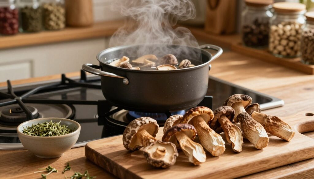 A cozy kitchen scene focusing on the process of cooking dried mushrooms. In the foreground, a wooden cutting board holds a variety of dried mushrooms, including porcini and shiitake, with a small bowl of aromatic herbs next to them. The middle ground features a saucepan on a stove, steam rising gently from it, with mushrooms simmering in broth. A soft, warm light illuminates the scene, creating a welcoming atmosphere. The background showcases rustic kitchen elements, such as wooden shelves filled with spices and jars, enhancing the homely feel. The camera angle should be slightly overhead, capturing the rich textures and colors of the ingredients while giving a sense of warmth and comfort in the cooking process. A cozy kitchen scene focusing on the process of cooking dried mushrooms. In the foreground, a wooden cutting board holds a variety of dried mushrooms, including porcini and shiitake, with a small bowl of aromatic herbs next to them. The middle ground features a saucepan on a stove, steam rising gently from it, with mushrooms simmering in broth. A soft, warm light illuminates the scene, creating a welcoming atmosphere. The background showcases rustic kitchen elements, such as wooden shelves filled with spices and jars, enhancing the homely feel. The camera angle should be slightly overhead, capturing the rich textures and colors of the ingredients while giving a sense of warmth and comfort in the cooking process.