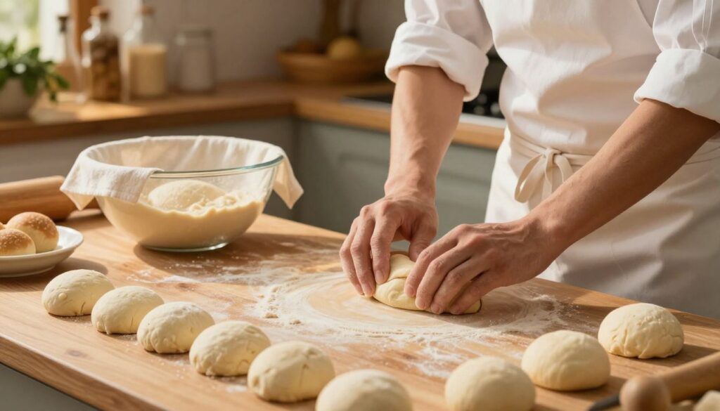 A cozy kitchen scene where a chef, dressed in a white apron and modest attire, is skillfully shaping soft, fluffy burger buns on a wooden countertop. In the foreground, an assortment of freshly kneaded dough pieces are arranged neatly, ready for the second proofing. The middle section features a large glass bowl covered with a clean cloth, illustrating the dough rising, while warm kitchen lighting casts a golden hue across the scene. In the background, shelves filled with baking ingredients and herbs add to the inviting atmosphere. The image captures the calm and satisfying process of bread-making, with a focus on texture, warmth, and the homely charm of a bustling kitchen. The angle should be slightly elevated for a comprehensive view, highlighting the intricate details of the shaping process.
