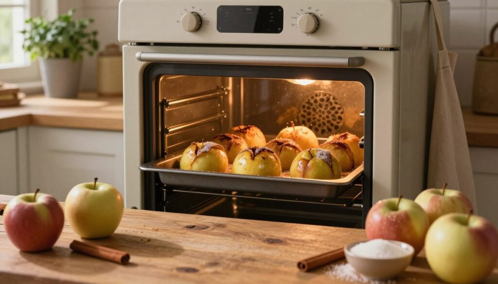 A cozy kitchen scene with a close-up view of a traditional oven filled with golden-brown baked apples, their skins slightly cracked and glistening with cinnamon and sugar. The foreground features a rustic wooden table scattered with ingredients like fresh apples, a cinnamon stick, and a small bowl of sugar. In the middle, the oven's glass door reveals the perfectly baked apples on a baking tray, surrounded by a warm glow from the oven light, enhancing the inviting atmosphere. The background shows soft kitchen decor, with herbs in pots and an apron hanging, creating a homely feeling. The light should be warm and soft, simulating late afternoon sunlight filtering through a window, casting gentle shadows and highlighting the textures of the apples and kitchen elements. The overall mood is warm, inviting, and aromatic.