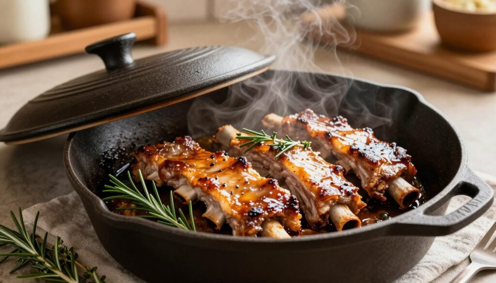 A deliciously prepared dish of baked pork ribs, glistening with a savory glaze, resting in a cast iron skillet under a lid, exuding steam. The ribs should be golden-brown with tender meat that appears ready to fall off the bone. Surround the skillet with fresh herbs like rosemary and thyme for added color and texture. The scene is set in a cozy kitchen with warm, soft lighting that highlights the rich textures of the food. The background subtly features rustic kitchen elements like wooden shelves and pots, enhancing the home-cooked feel. Capture the image from a slight overhead angle to emphasize the dish's inviting presentation and evoke a sense of warmth and comfort in cooking. A deliciously prepared dish of baked pork ribs, glistening with a savory glaze, resting in a cast iron skillet under a lid, exuding steam. The ribs should be golden-brown with tender meat that appears ready to fall off the bone. Surround the skillet with fresh herbs like rosemary and thyme for added color and texture. The scene is set in a cozy kitchen with warm, soft lighting that highlights the rich textures of the food. The background subtly features rustic kitchen elements like wooden shelves and pots, enhancing the home-cooked feel. Capture the image from a slight overhead angle to emphasize the dish's inviting presentation and evoke a sense of warmth and comfort in cooking.