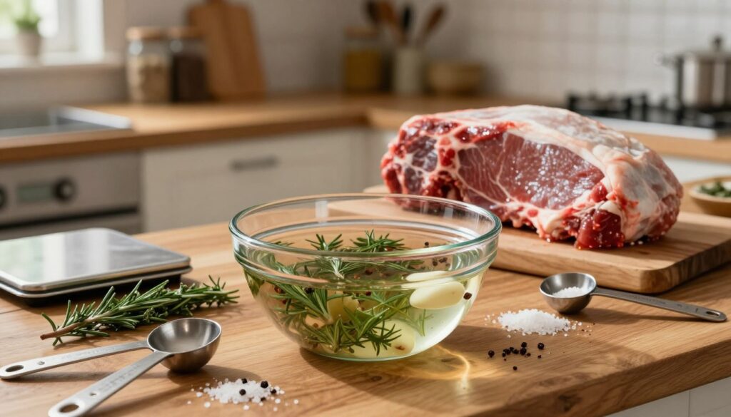 A detailed depiction of a marinating solution for approximately two kilograms of meat, placed on a rustic wooden kitchen countertop. In the foreground, a clear glass bowl filled with brine, showing visible herbs, spices, and garlic cloves infused in the liquid. Surrounding the bowl are measuring spoons, a small digital scale, and fresh ingredients like rosemary, thyme, and sea salt. In the middle ground, a large slab of fresh, raw meat is marinating in another bowl, showcasing the contrast between the meat's red color and the green, brown, and clear tones of the brine. The background features a softly lit kitchen, with shelves holding spices and utensils, creating a warm and inviting atmosphere. Natural light streams in from a window, enhancing the textures and colors, captured with a shallow depth of field for focus. A detailed depiction of a marinating solution for approximately two kilograms of meat, placed on a rustic wooden kitchen countertop. In the foreground, a clear glass bowl filled with brine, showing visible herbs, spices, and garlic cloves infused in the liquid. Surrounding the bowl are measuring spoons, a small digital scale, and fresh ingredients like rosemary, thyme, and sea salt. In the middle ground, a large slab of fresh, raw meat is marinating in another bowl, showcasing the contrast between the meat's red color and the green, brown, and clear tones of the brine. The background features a softly lit kitchen, with shelves holding spices and utensils, creating a warm and inviting atmosphere. Natural light streams in from a window, enhancing the textures and colors, captured with a shallow depth of field for focus.