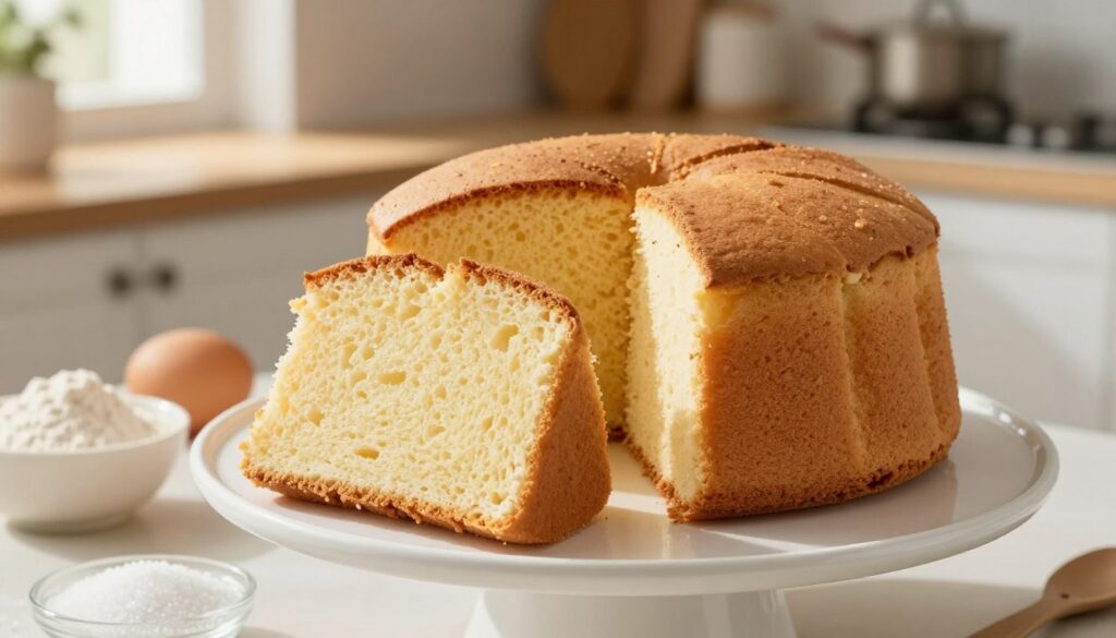 A fluffy sponge cake, freshly baked, displaying a golden-brown top with a light, airy texture, sits elegantly on a simple white cake stand. The foreground features a slice of the sponge cake, its soft, moist interior revealed, showcasing a perfect crumb structure. In the middle ground, ingredients like eggs, flour, and sugar are lightly scattered, hinting at the baking process. In the background, a cozy, well-lit kitchen is evident, with sunlight streaming in through a window, casting soft shadows. The atmosphere is warm and inviting, evoking a sense of home baking. The image captures the essence of a perfect sponge cake, making it the ideal foundation for a homemade tort. Bright lighting enhances the cake's inviting appearance, while a shallow depth of field focuses on the cake slice.