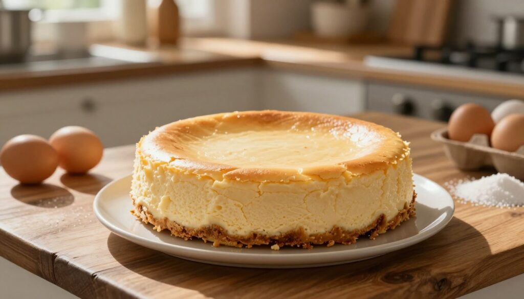 A freshly baked cheesecake cooling on a rustic wooden countertop, showcasing its smooth, creamy texture and even, golden top, with cracks minimal or absent. The foreground highlights the cheesecake sitting elegantly on a light-colored, round cake stand, surrounded by a few scattered ingredients like eggs and sugar, hinting at its preparation. In the middle, warm sunlight filters through a nearby window, casting soft shadows and creating a cozy, inviting atmosphere. In the background, there are subtle hints of a well-organized kitchen that imply ongoing baking activity, with mixing bowls and utensils neatly arranged. The mood is serene and homely, capturing the essence of baking perfection and the anticipation of indulging in this delightful dessert.