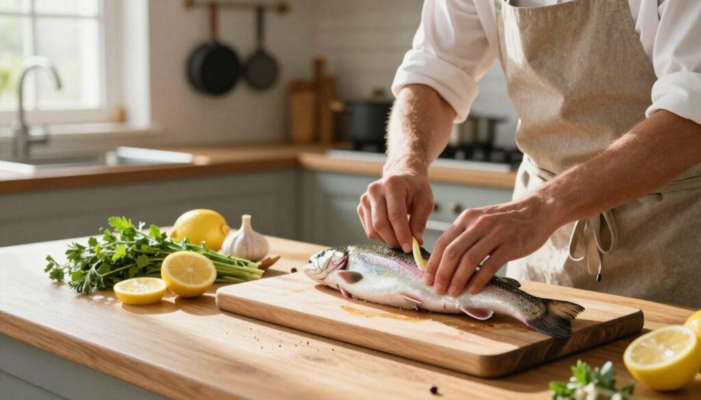A kitchen countertop scene featuring a freshly caught trout being prepared for baking. In the foreground, a skilled home cook, dressed in a simple, modest apron, carefully cleans the fish, removing scales and innards with precision. Bright, natural light streams in through a window, casting soft shadows and highlighting the shimmering scales of the trout. In the middle, an array of fresh ingredients like lemon slices, herbs, and garlic is artfully arranged, ready for seasoning. The background showcases a cozy kitchen with wooden cabinets and pots hanging on the walls, creating an inviting atmosphere. The mood is warm and homey, emphasizing a deep appreciation for the art of cooking.