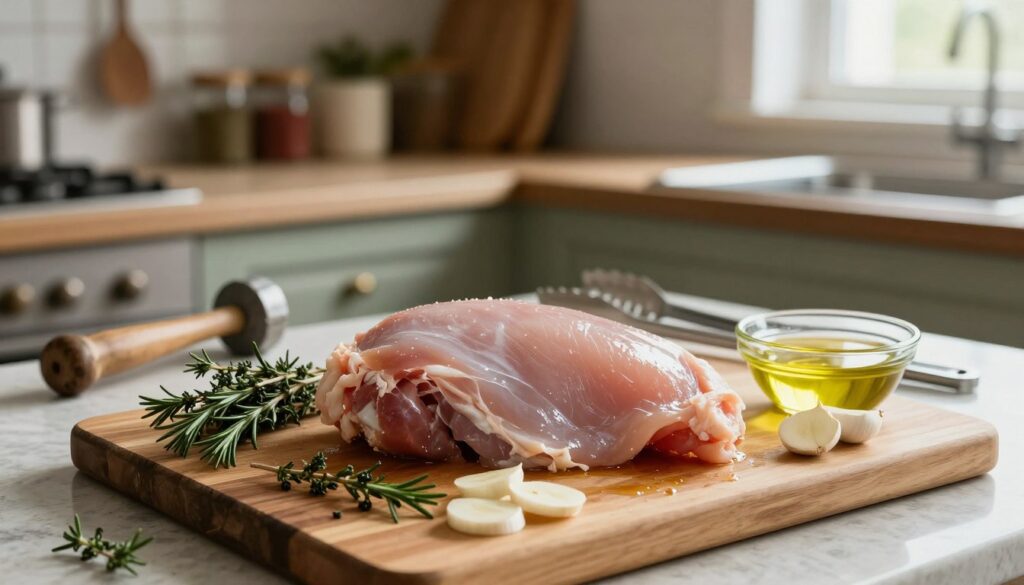 A kitchen scene depicting the preparation of turkey breast for marination. In the foreground, a clean wooden cutting board holds a raw turkey breast, glistening with a light sheen of moisture, surrounded by fresh herbs such as thyme and rosemary, along with sliced garlic and a small bowl of olive oil. The middle ground features a well-used kitchen countertop with various utensils scattered about, including a meat hammer and a pair of tongs. In the background, warm, soft lighting illuminates the space, hinting at a rustic kitchen with shelves stacked with spices and a window that lets in natural light. The atmosphere feels inviting and homely, emphasizing the care and attention put into preparing the meat, showcasing a process that is both traditional and wholesome. A kitchen scene depicting the preparation of turkey breast for marination. In the foreground, a clean wooden cutting board holds a raw turkey breast, glistening with a light sheen of moisture, surrounded by fresh herbs such as thyme and rosemary, along with sliced garlic and a small bowl of olive oil. The middle ground features a well-used kitchen countertop with various utensils scattered about, including a meat hammer and a pair of tongs. In the background, warm, soft lighting illuminates the space, hinting at a rustic kitchen with shelves stacked with spices and a window that lets in natural light. The atmosphere feels inviting and homely, emphasizing the care and attention put into preparing the meat, showcasing a process that is both traditional and wholesome.