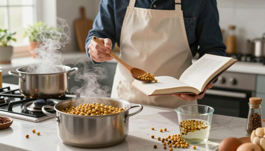 A kitchen scene showcasing common mistakes when cooking split peas. In the foreground, a pot of overcooked, mushy split peas emits steam. Scattered around are burnt peas, and a measuring cup spills water. In the middle, a chef wearing a neat apron frowns, holding a wooden spoon and a cookbook opened to the wrong page. Behind them, a stovetop with a bubbling pot highlights the chaos, while plant pots and spices add a touch of color to the background. Soft, natural light streams in from a nearby window, creating a warm but slightly chaotic atmosphere, emphasizing frustration and culinary mistakes. The overall mood is light-hearted yet informative, aimed at educating the viewer. A kitchen scene showcasing common mistakes when cooking split peas. In the foreground, a pot of overcooked, mushy split peas emits steam. Scattered around are burnt peas, and a measuring cup spills water. In the middle, a chef wearing a neat apron frowns, holding a wooden spoon and a cookbook opened to the wrong page. Behind them, a stovetop with a bubbling pot highlights the chaos, while plant pots and spices add a touch of color to the background. Soft, natural light streams in from a nearby window, creating a warm but slightly chaotic atmosphere, emphasizing frustration and culinary mistakes. The overall mood is light-hearted yet informative, aimed at educating the viewer.