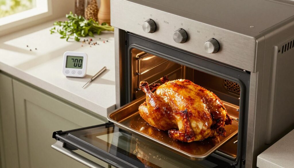 A modern kitchen setting with an oven prominently displayed, the oven door slightly ajar to reveal a perfectly roasted chicken inside, golden brown and glistening with juices. On the counter, a digital cooking timer shows the time remaining, while a thermometer rests beside it, indicating the ideal internal temperature for chicken. The background features herbs and spices scattered artistically around, enhancing the cooking atmosphere. Soft, warm lighting pours in from a window, casting gentle shadows, creating a cozy, inviting feel. The entire scene is captured in a slightly elevated angle to emphasize the oven and the preparation area, evoking a sense of culinary expertise and comfort. A modern kitchen setting with an oven prominently displayed, the oven door slightly ajar to reveal a perfectly roasted chicken inside, golden brown and glistening with juices. On the counter, a digital cooking timer shows the time remaining, while a thermometer rests beside it, indicating the ideal internal temperature for chicken. The background features herbs and spices scattered artistically around, enhancing the cooking atmosphere. Soft, warm lighting pours in from a window, casting gentle shadows, creating a cozy, inviting feel. The entire scene is captured in a slightly elevated angle to emphasize the oven and the preparation area, evoking a sense of culinary expertise and comfort.