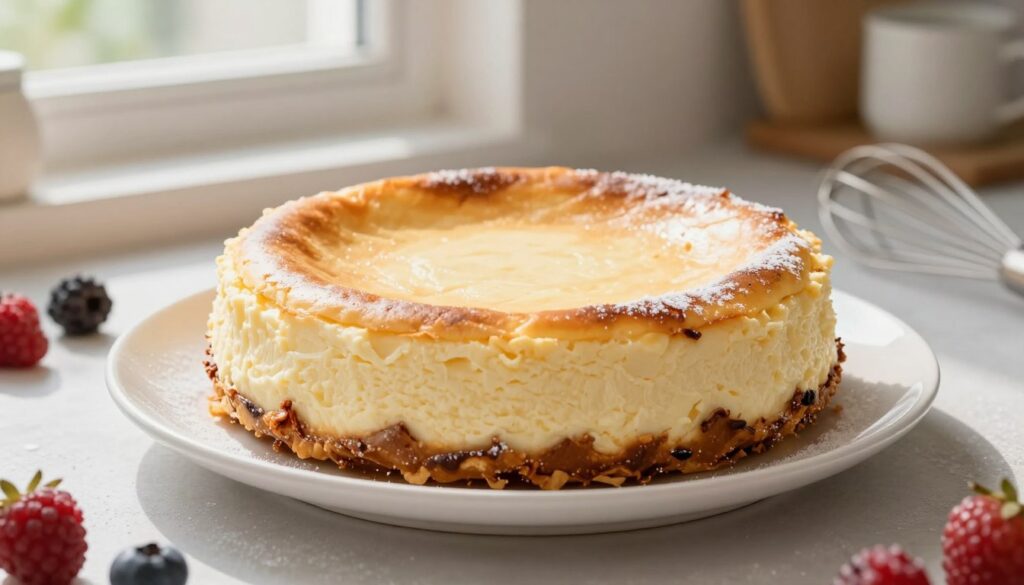 A perfectly baked cheesecake, golden-brown on top, with no cracks or uneven surfaces, showcasing its creamy texture. The cake sits on a white porcelain plate, beautifully garnished with a light dusting of powdered sugar and a few fresh berries for added color. In the background, a gentle kitchen setting with soft natural light streaming in from a window, illuminating the cheesecake and creating a warm, inviting atmosphere. The countertop is adorned with subtle baking tools, like a whisk and measuring cups, hinting at the baking process. The image should be captured from a slightly elevated angle to emphasize the cheesecake's smooth surface, with a shallow depth of field blurring the background slightly to keep the focus on the dessert. The mood is cozy and inspiring, encouraging viewers to achieve their own perfect cheesecake.