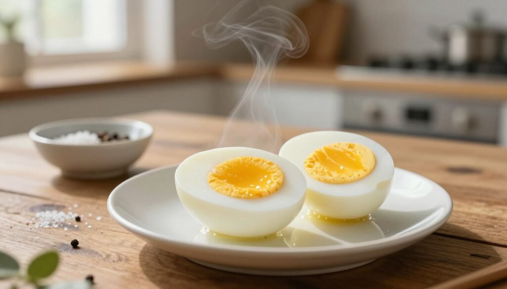 A perfectly boiled egg, cut in half to reveal a bright yellow yolk that is just the right consistency, nestled on a rustic wooden table. In the foreground, the egg sits on a light white plate, showcasing its smooth surface and vibrant colors. Delicate steam wafts gently from the egg, hinting at its warmth. In the middle ground, a small bowl of seasoning, such as salt and pepper, adds a touch of charm, while a soft-focus background features a cozy kitchen setting with warm light filtering through a window, highlighting the textures of the wood and ceramics. The overall atmosphere is inviting and warm, evoking a sense of home cooking and comfort, captured from a slightly elevated angle to emphasize the egg's appeal.