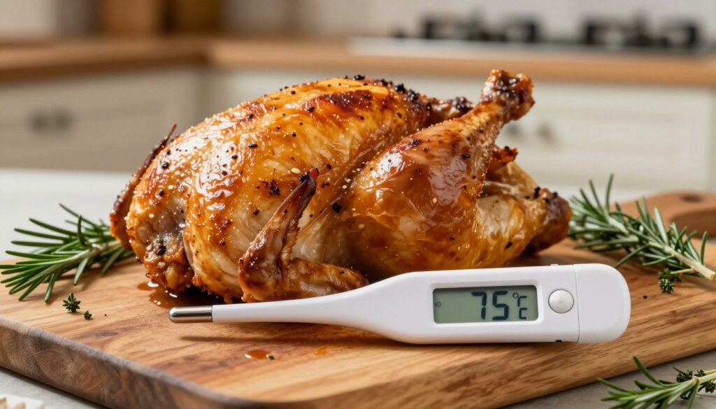 A perfectly roasted chicken breast, golden brown and glistening with juices, displayed on a rustic wooden cutting board. The foreground features a precise digital thermometer inserted into the thickest part of the meat, showing an ideal internal temperature of 75°C (165°F). In the middle ground, surround the chicken with fresh herbs like rosemary and thyme, adding a touch of greenery. The background consists of a cozy kitchen setting with soft, warm lighting illuminating the scene, enhancing the appetizing texture of the chicken. Capture the atmosphere of a welcoming home-cooked meal, emphasizing the juiciness and tenderness of the poultry, inviting viewers to learn the secrets of roasting perfection.