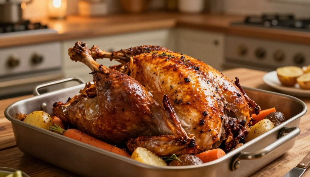 A perfectly roasted turkey leg sits enticingly in a shiny roasting pan, glistening with a golden-brown crust. The meat is succulent, with herbs and spices visible on the surface, hinting at the delicious flavors within. Surrounding the turkey are colorful roasted vegetables, such as carrots and potatoes, adding warmth and vibrancy to the scene. The background features a softly lit kitchen setting, with rustic wooden countertops and warm ambient lighting creating a cozy atmosphere. The angle captures the dish from a slightly elevated perspective, showcasing the richness of the meal. The mood is inviting and homely, perfect for a festive gathering or family dinner. A perfectly roasted turkey leg sits enticingly in a shiny roasting pan, glistening with a golden-brown crust. The meat is succulent, with herbs and spices visible on the surface, hinting at the delicious flavors within. Surrounding the turkey are colorful roasted vegetables, such as carrots and potatoes, adding warmth and vibrancy to the scene. The background features a softly lit kitchen setting, with rustic wooden countertops and warm ambient lighting creating a cozy atmosphere. The angle captures the dish from a slightly elevated perspective, showcasing the richness of the meal. The mood is inviting and homely, perfect for a festive gathering or family dinner.
