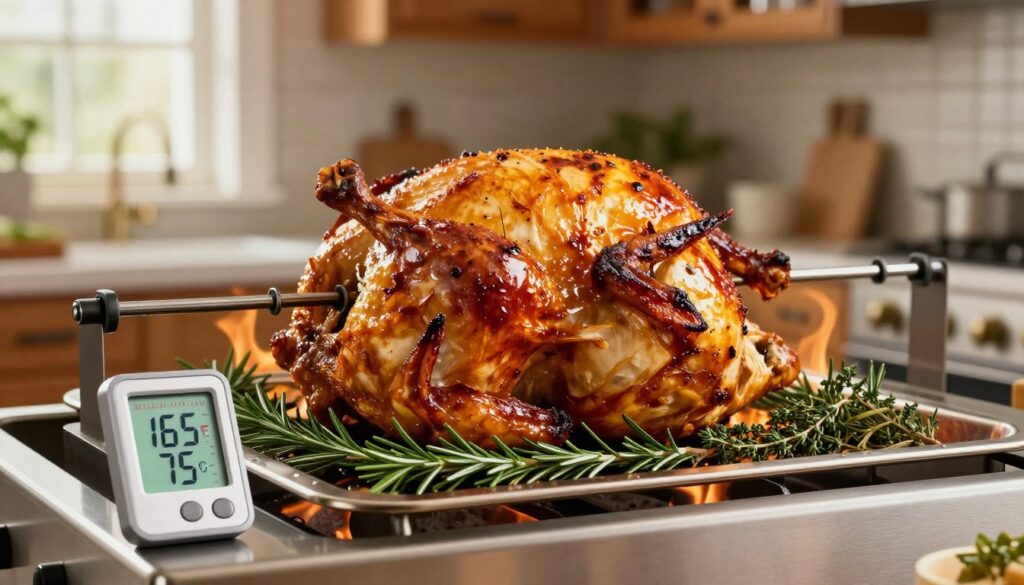 A perfectly roasted whole chicken on a vertical rotisserie, glistening with a golden-brown skin, surrounded by an array of fresh herbs like rosemary and thyme. In the foreground, a digital thermometer shows the ideal internal temperature for cooked chicken, around 165°F (75°C). The middle section features the rotisserie with flames gently licking the sides, emitting a warm and inviting glow, emphasizing the cooking process. In the background, a cozy kitchen ambiance with wooden cabinets and soft, natural lighting pouring in through a window. The mood is homey and mouthwatering, evoking the delicious aroma of roasting chicken. The scene is shot from a slightly angled perspective to capture the chicken’s juiciness and the inviting environment. The composition focuses solely on the culinary subject without any text or distractions. A perfectly roasted whole chicken on a vertical rotisserie, glistening with a golden-brown skin, surrounded by an array of fresh herbs like rosemary and thyme. In the foreground, a digital thermometer shows the ideal internal temperature for cooked chicken, around 165°F (75°C). The middle section features the rotisserie with flames gently licking the sides, emitting a warm and inviting glow, emphasizing the cooking process. In the background, a cozy kitchen ambiance with wooden cabinets and soft, natural lighting pouring in through a window. The mood is homey and mouthwatering, evoking the delicious aroma of roasting chicken. The scene is shot from a slightly angled perspective to capture the chicken’s juiciness and the inviting environment. The composition focuses solely on the culinary subject without any text or distractions.