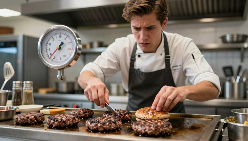 A professional kitchen setting featuring a chef in a modest casual outfit looking worried while flipping a hamburger on a griddle. The foreground shows sizzling burgers, some overcooked and others perfectly browned, highlighting common mistakes like uneven cooking and excessive pressing. In the middle, a close-up of a meat thermometer indicating an incorrect temperature, emphasizing the importance of precise cooking. The background includes blurred kitchen tools, such as spatulas and seasoning containers, under bright overhead lighting to create a vibrant atmosphere. The overall mood is a mix of concern and education, demonstrating the fine line between a juicy burger and a charred one. A professional kitchen setting featuring a chef in a modest casual outfit looking worried while flipping a hamburger on a griddle. The foreground shows sizzling burgers, some overcooked and others perfectly browned, highlighting common mistakes like uneven cooking and excessive pressing. In the middle, a close-up of a meat thermometer indicating an incorrect temperature, emphasizing the importance of precise cooking. The background includes blurred kitchen tools, such as spatulas and seasoning containers, under bright overhead lighting to create a vibrant atmosphere. The overall mood is a mix of concern and education, demonstrating the fine line between a juicy burger and a charred one.
