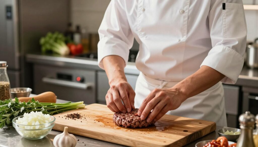 A professional kitchen setting featuring a hands-on chef, dressed in a clean white apron and chef's hat, skillfully shaping beef patties for burgers. In the foreground, the chef is focused on forming a perfectly round, juicy patty with their hands, glistening slightly from seasoning. The middle ground showcases a wooden cutting board cluttered with fresh ingredients like herbs and spices, alongside a bowl of finely minced onions and garlic. The background reveals a well-lit kitchen, with gleaming stainless steel appliances and a few fresh vegetables, enhancing the culinary atmosphere. Soft natural lighting filters in, casting warm tones across the scene, evoking a sense of creativity and passion in burger preparation.