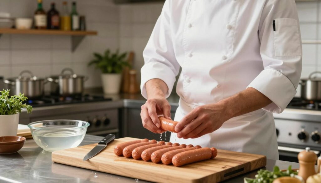 A professional kitchen setting where a cook is preparing frankfurters for boiling. In the foreground, a wooden cutting board is prominently displayed with neatly arranged frankfurters, a knife, and a bowl of water for rinse. The middle ground features the cook, dressed in a white chef's coat and a neat apron, carefully inspecting the sausages, ensuring they are fresh. The background shows a well-organized kitchen with pots on a stove, herbs, and spices on shelves. Soft, warm light illuminates the scene, creating a welcoming atmosphere, while a slight depth of field softens the kitchen's details, drawing focus to the preparation. The overall mood is diligent and inviting. A professional kitchen setting where a cook is preparing frankfurters for boiling. In the foreground, a wooden cutting board is prominently displayed with neatly arranged frankfurters, a knife, and a bowl of water for rinse. The middle ground features the cook, dressed in a white chef's coat and a neat apron, carefully inspecting the sausages, ensuring they are fresh. The background shows a well-organized kitchen with pots on a stove, herbs, and spices on shelves. Soft, warm light illuminates the scene, creating a welcoming atmosphere, while a slight depth of field softens the kitchen's details, drawing focus to the preparation. The overall mood is diligent and inviting.