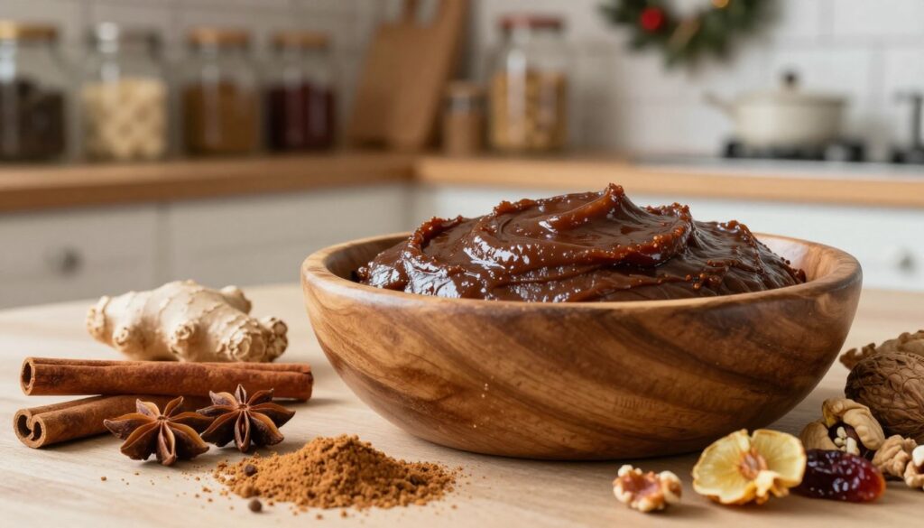 A rich, aromatic mixture for gingerbread, featuring a close-up of a wooden bowl filled with a deep brown, glossy batter. The foreground showcases a sprinkle of ground spices like cinnamon, nutmeg, and ginger, intermingled with nuts and dried fruits, enhancing the texture. In the middle, soft natural light illuminates the ingredients, highlighting their vibrant colors and the shiny surface of the dough. The background softly reveals a cozy kitchen setting, with rustic wooden shelves lined with jars of spices and a hint of holiday decorations. The atmosphere is warm and inviting, evoking a sense of tradition and culinary craftsmanship. The entire scene has a subtle, soft focus to create a homely and comforting feel.
