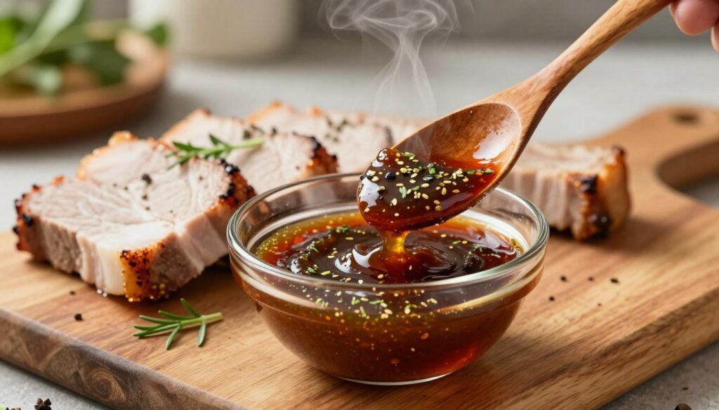 A rich, aromatic roasting sauce is elegantly displayed in a glass bowl, glistening with herbs and spices. In the foreground, a wooden spoon is dipped into the sauce, showcasing its thickness and texture. In the middle ground, slices of tender pork neck, garnished with fresh herbs, are resting on a rustic wooden cutting board, hinting at the delicious pairing with the sauce. The background softly features a blurred kitchen environment with warm, natural lighting, creating a cozy atmosphere. The focus is sharp on the sauce, with hints of steam rising from the warm pork. The overall mood is inviting and appetizing, perfect for evoking a sense of homemade comfort food.