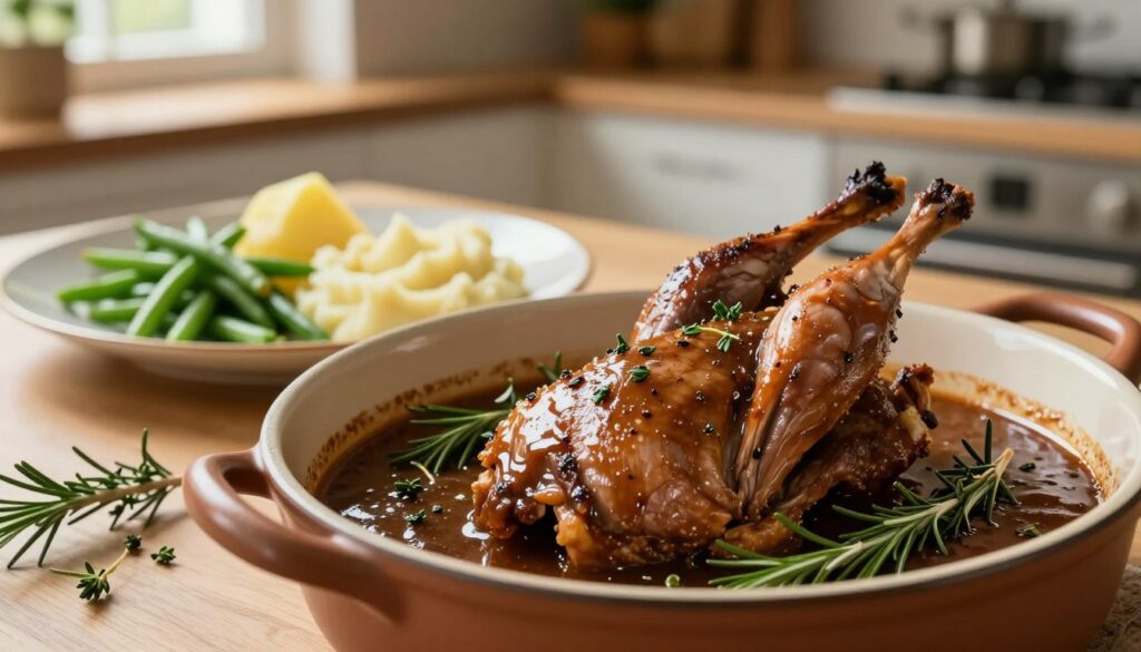 A rich, savory sauce for roasted rabbit, nestled in a rustic pot, surrounded by fresh garnishes. In the foreground, a smooth, dark brown sauce glistens with herbs like rosemary and thyme, hinting at its complexity. The middle ground features an elegant plate of tender, juicy rabbit accompanied by vibrant sides—steamed green beans and creamy mashed potatoes, artfully arranged. In the background, a softly lit kitchen setting with wooden elements creates a warm, inviting atmosphere. Natural light filters through a window, casting gentle shadows that enhance the dish's textures. The composition captures the essence of comfort food, evoking a desire to savor every bite, emphasizing the sauce's role in amplifying the dish's flavors.