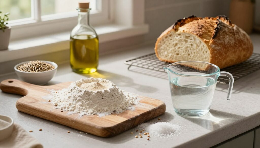 A rustic kitchen countertop featuring an array of ingredients for homemade bread. In the foreground, a wooden cutting board with a mound of flour, a small bowl of yeast, and a measuring cup filled with warm water. Scattered around are grains of salt and sugar. In the middle ground, a glass jar of olive oil and a bowl of mixed seeds add variety. Soft, natural light enters from a window in the background, illuminating the scene and casting gentle shadows. A loaf of freshly baked bread rests on a cooling rack, with its crunchy crust contrasting against the fluffy inside visible on the cut side. The overall atmosphere is warm and inviting, evoking a sense of home and comfort.