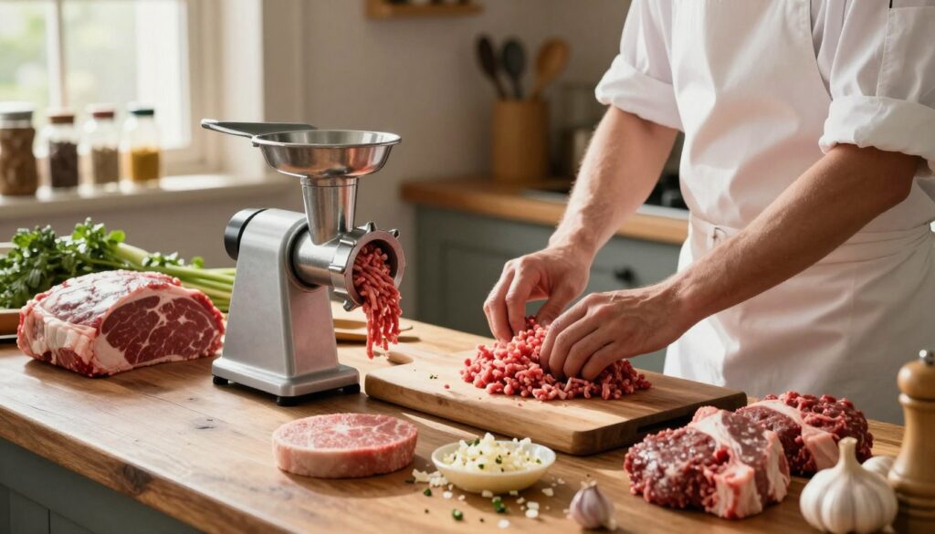 A rustic kitchen countertop filled with fresh, raw meat for burger preparation. In the foreground, a sturdy meat grinder sits with freshly ground beef emerging from its nozzle. Juicy cuts of marbled meat are visible nearby, showcasing their texture and color. A chef, dressed in a white apron and modest clothing, focuses on the grinding process with intent. In the middle, a wooden cutting board displays crushed garlic and herbs ready to be mixed into the meat. Natural light streams through a nearby window, illuminating the scene and casting a warm, inviting glow. The background features shelves stocked with spices and cooking utensils, enhancing the homey atmosphere of a passionate cooking environment. The image conveys a sense of craftsmanship, care, and dedication to creating delicious, juicy burgers. A rustic kitchen countertop filled with fresh, raw meat for burger preparation. In the foreground, a sturdy meat grinder sits with freshly ground beef emerging from its nozzle. Juicy cuts of marbled meat are visible nearby, showcasing their texture and color. A chef, dressed in a white apron and modest clothing, focuses on the grinding process with intent. In the middle, a wooden cutting board displays crushed garlic and herbs ready to be mixed into the meat. Natural light streams through a nearby window, illuminating the scene and casting a warm, inviting glow. The background features shelves stocked with spices and cooking utensils, enhancing the homey atmosphere of a passionate cooking environment. The image conveys a sense of craftsmanship, care, and dedication to creating delicious, juicy burgers.