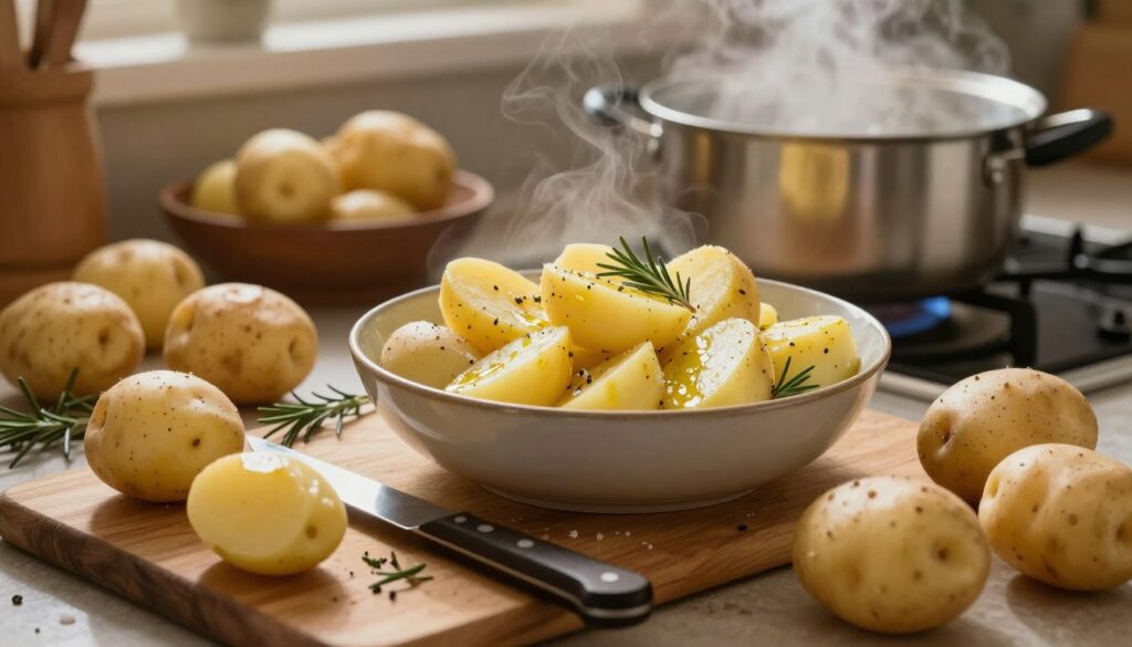 A rustic kitchen countertop filled with freshly washed, unpeeled potatoes ready for baking. In the foreground, a wooden cutting board displays several potatoes alongside a sharp knife and a sprinkle of fresh herbs. In the middle, a large bowl is stuffed with seasoned peeled potato wedges, glistening with olive oil and sea salt, and a few sprigs of rosemary are scattered for flavor. The background shows a warm, inviting kitchen scene with soft overhead lighting highlighting the steam rising from a pot of boiling water. The atmosphere is cozy and homely, reflecting the anticipation of a delicious meal. Capture this with a soft focus to create a slightly blurred effect in the background, emphasizing the preparation in the foreground. A rustic kitchen countertop filled with freshly washed, unpeeled potatoes ready for baking. In the foreground, a wooden cutting board displays several potatoes alongside a sharp knife and a sprinkle of fresh herbs. In the middle, a large bowl is stuffed with seasoned peeled potato wedges, glistening with olive oil and sea salt, and a few sprigs of rosemary are scattered for flavor. The background shows a warm, inviting kitchen scene with soft overhead lighting highlighting the steam rising from a pot of boiling water. The atmosphere is cozy and homely, reflecting the anticipation of a delicious meal. Capture this with a soft focus to create a slightly blurred effect in the background, emphasizing the preparation in the foreground.