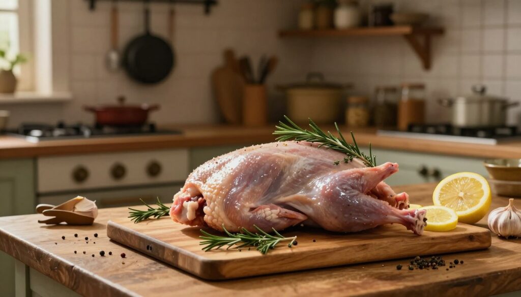 A rustic kitchen scene featuring a prepared rabbit ready for roasting. In the foreground, a whole rabbit is laid on a wooden cutting board, adorned with herbs such as rosemary and thyme, alongside sliced garlic and lemon. The rabbit's skin is shiny, showing it's marinated, evoking a sense of freshness and readiness. In the middle ground, a well-used kitchen counter with a few scattered cooking utensils and spices creates a homely atmosphere. The background reveals a warm, softly lit kitchen with hanging pots, a stove, and shelves filled with jars, enhancing the cozy feel of the space. The lighting is warm and inviting, casting gentle shadows and highlighting the textures of the meat and ingredients, setting a mood of anticipation for a delicious meal.