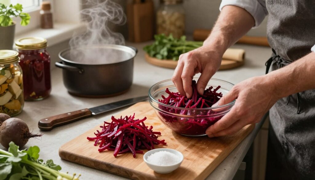 A rustic kitchen setting showcasing the process of making ćwikła z chrzanem. In the foreground, a wooden cutting board with freshly boiled, vibrant red beets, finely shredded horseradish, and a small bowl of salt. A chef's hands, in a modest casual attire, are actively mixing the ingredients in a glass bowl. In the middle, a softly illuminated countertop with a vintage knife and a pot on the side, steam rising gently, suggesting freshness. The background features shelves filled with jars of preserved vegetables and herbs, adding to the cozy, homey atmosphere. The lighting is warm and inviting, capturing the essence of a traditional cooking experience. The composition is shot with a slight top-down angle, emphasizing the ingredients and the hands in action, creating a sense of step-by-step guidance in preparation. A rustic kitchen setting showcasing the process of making ćwikła z chrzanem. In the foreground, a wooden cutting board with freshly boiled, vibrant red beets, finely shredded horseradish, and a small bowl of salt. A chef's hands, in a modest casual attire, are actively mixing the ingredients in a glass bowl. In the middle, a softly illuminated countertop with a vintage knife and a pot on the side, steam rising gently, suggesting freshness. The background features shelves filled with jars of preserved vegetables and herbs, adding to the cozy, homey atmosphere. The lighting is warm and inviting, capturing the essence of a traditional cooking experience. The composition is shot with a slight top-down angle, emphasizing the ingredients and the hands in action, creating a sense of step-by-step guidance in preparation.