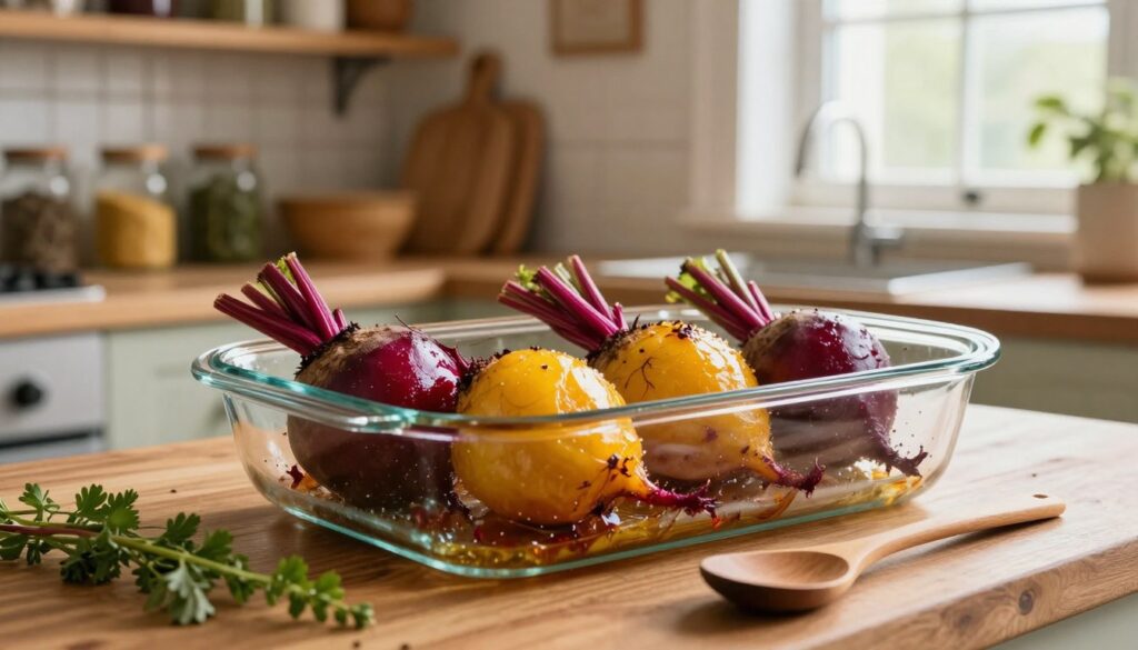 A rustic kitchen setting showcasing vibrant golden beets roasting in a clear glass baking dish. The beets, whole and unpeeled, are glistening, their rich red and yellow hues contrasting beautifully against the warm, cozy tones of the kitchen. Soft, diffused natural light streams through a nearby window, illuminating the scene and highlighting the beets' glossy surfaces. In the background, wooden shelves are filled with jars of spices and herbs, adding depth to the composition. The foreground features a wooden countertop with a sprinkle of fresh herbs and a wooden spoon resting beside the baking dish. The atmosphere is inviting and homey, evoking a sense of warmth and culinary delight.