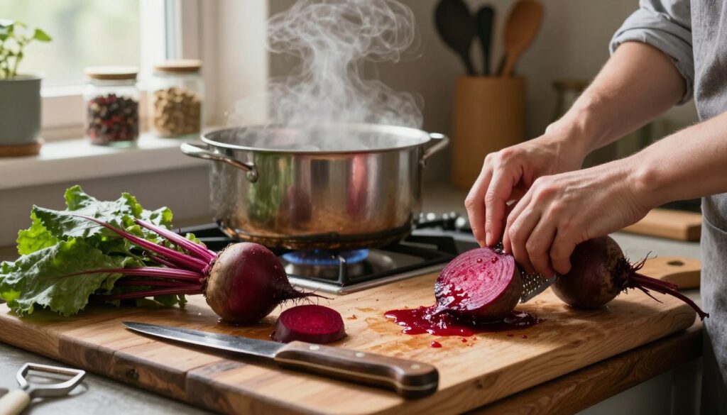 A rustic kitchen setting where fresh, vibrant red beets are being prepared for cooking and grating. In the foreground, a wooden cutting board with an array of unpeeled beets, a sharp knife, and a peeler, all glistening with fresh moisture. In the middle ground, a pot filled with water sits on a vintage stovetop, steam rising gently from it, signifying readiness for boiling. In the background, shelves adorned with kitchen utensils and jars of spices create a warm, inviting atmosphere, illuminated by soft, natural light coming through a window. The overall mood is cozy and homey, conveying the essence of traditional cooking preparation.