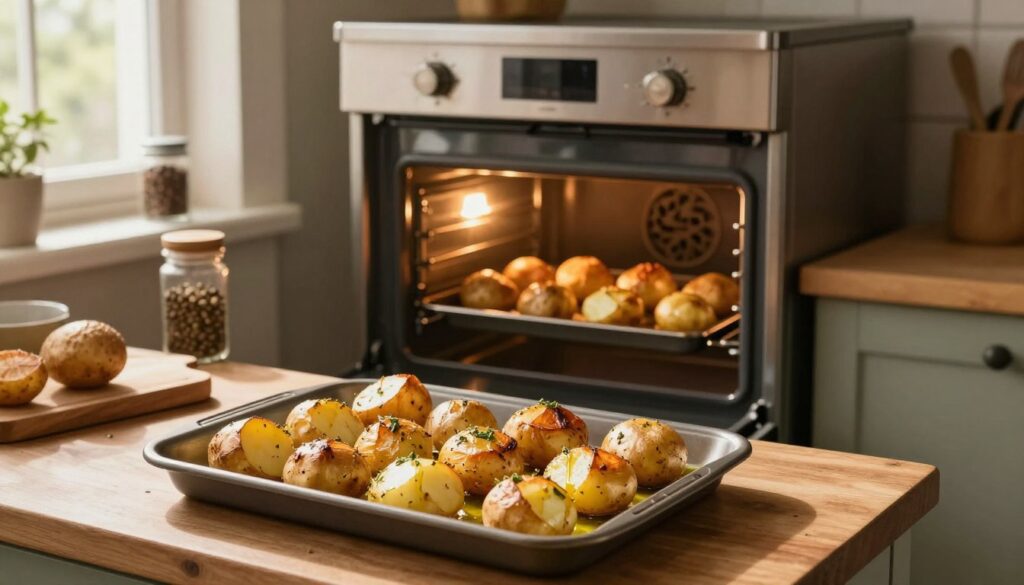 A rustic kitchen setting with a warm, inviting atmosphere, showcasing the process of baking potatoes in an oven. In the foreground, a tray of golden-brown, perfectly roasted potatoes is placed on the counter, glistening with olive oil and garnished with fresh herbs. The middle layer features an open oven with warm ambient light spilling out, revealing more potatoes inside, slightly crisp on the outside. Around the oven, kitchen utensils, spice jars, and a wooden cutting board are arranged neatly. Soft, natural sunlight filters through a window, casting gentle shadows and adding coziness to the scene. The overall mood is homely and comforting, emphasizing the step-by-step nature of baking delicious, crispy-on-the-outside, soft-on-the-inside potatoes. A rustic kitchen setting with a warm, inviting atmosphere, showcasing the process of baking potatoes in an oven. In the foreground, a tray of golden-brown, perfectly roasted potatoes is placed on the counter, glistening with olive oil and garnished with fresh herbs. The middle layer features an open oven with warm ambient light spilling out, revealing more potatoes inside, slightly crisp on the outside. Around the oven, kitchen utensils, spice jars, and a wooden cutting board are arranged neatly. Soft, natural sunlight filters through a window, casting gentle shadows and adding coziness to the scene. The overall mood is homely and comforting, emphasizing the step-by-step nature of baking delicious, crispy-on-the-outside, soft-on-the-inside potatoes.