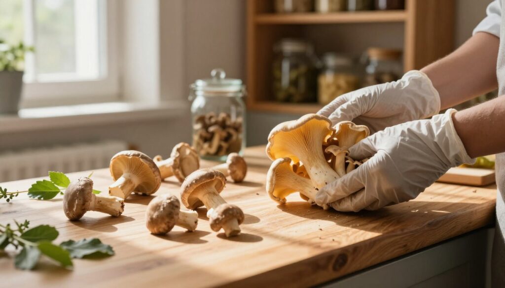 A rustic wooden kitchen counter is filled with freshly picked mushrooms, specifically honey agarics, being prepared for pickling. The mushrooms are grouped together, showcasing their delicate golden-brown caps and stems, with a few scattered leaves and herbs nearby. In the background, there's a softly blurred view of a wooden pantry filled with glass jars and spices. Bright, natural light streams in from a nearby window, casting gentle shadows and creating a warm, inviting atmosphere. A pair of professional hands, wearing modest gloves, carefully inspects the mushrooms, emphasizing the attention to detail in the preparation process. The scene conveys a sense of culinary artistry and appreciation for nature’s bounty, perfect for illustrating the beauty of mushroom preparation before marination.