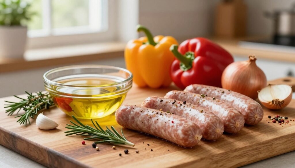 A rustic wooden kitchen countertop displays freshly prepared sausages ready for marinating. In the foreground, the sausages are neatly arranged with herbs and spices, such as rosemary, thyme, and garlic cloves, scattered around them. A glass bowl filled with a vibrant marinade of olive oil, vinegar, and spices sits next to the sausages. In the middle ground, an assortment of fresh vegetables, like bell peppers and onions, add color and vibrancy. The background features soft, warm lighting emanating from a window, creating a cozy, inviting atmosphere. A hint of greenery from potted herbs suggests a homely kitchen environment. The overall mood is fresh and inviting, perfect for highlighting the preparation process of marinating sausages.