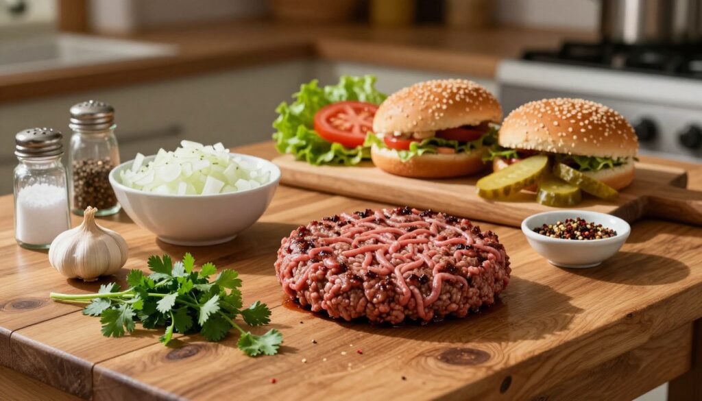 A rustic wooden kitchen table filled with the essential ingredients for juicy burger patties. In the foreground, freshly ground beef with its rich texture, next to a bowl of finely chopped onions, minced garlic, and a pile of vibrant green herbs like parsley and cilantro. A small dish of salt, pepper, and various spices rest nearby, adding a pop of color. In the middle ground, a cutting board with sesame burger buns and fresh toppings like lettuce, tomato slices, and pickles. Soft, warm lighting creates an inviting atmosphere, casting gentle shadows. The background features blurred kitchen utensils and a hint of a stove, emphasizing a homey cooking environment. The overall mood is warm and appetizing, highlighting the preparation of delicious burger patties.