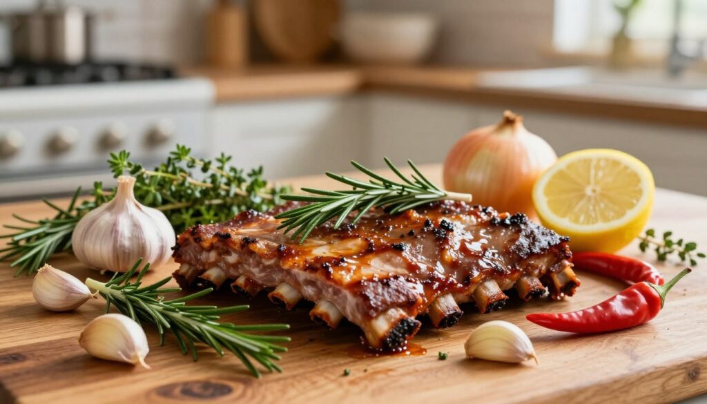 A rustic wooden table filled with an array of fresh ingredients for aromatic baked ribs. At the forefront, there are succulent pork ribs, glistening with savory marinade. Surrounding the ribs, vibrant herbs like rosemary and thyme add a pop of green. Juicy garlic cloves and sweet onions are intertwined with slices of lemon and bright red chili peppers for a touch of color. In the background, there’s a cozy kitchen setting, softly illuminated by warm, natural light, highlighting the textures of the ingredients. A shallow depth of field emphasizes the ingredients in the foreground, creating a welcoming and inviting atmosphere. The mood is warm and appetizing, perfect for illustrating the concept of preparing delicious, tender ribs. A rustic wooden table filled with an array of fresh ingredients for aromatic baked ribs. At the forefront, there are succulent pork ribs, glistening with savory marinade. Surrounding the ribs, vibrant herbs like rosemary and thyme add a pop of green. Juicy garlic cloves and sweet onions are intertwined with slices of lemon and bright red chili peppers for a touch of color. In the background, there’s a cozy kitchen setting, softly illuminated by warm, natural light, highlighting the textures of the ingredients. A shallow depth of field emphasizes the ingredients in the foreground, creating a welcoming and inviting atmosphere. The mood is warm and appetizing, perfect for illustrating the concept of preparing delicious, tender ribs.