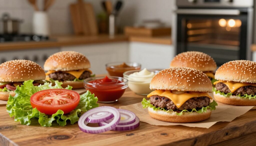 A rustic wooden table in a cozy kitchen setting, laden with freshly baked burger buns, glistening with sesame seeds. In the foreground, a selection of vibrant toppings: crisp lettuce, ripe tomatoes, thinly sliced onions, and melted cheese oozing over a juicy beef patty. The middle ground features a variety of sauces in elegant glass bowls, including ketchup, mustard, and creamy mayonnaise. The background is softly blurred, showcasing kitchen utensils and a glowing oven in warm, inviting light that creates a homely atmosphere. The image captures a delicious and inviting vibe, perfect for illustrating the art of burger making. Shot with a shallow depth of field, enhancing the focus on the colorful ingredients.