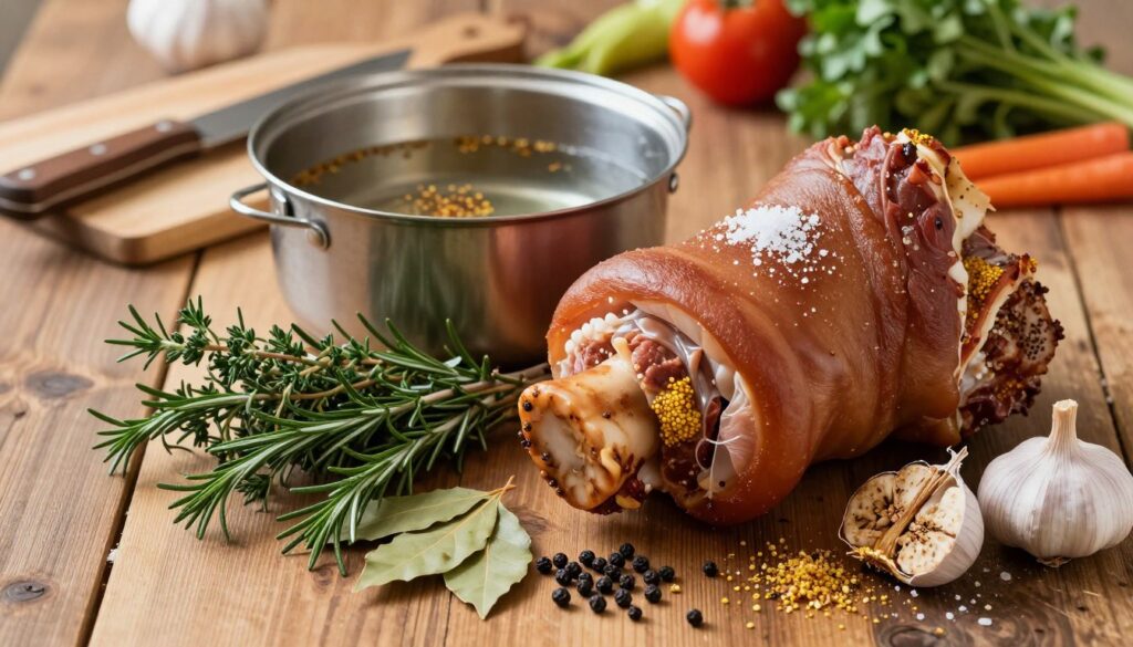 A rustic wooden table is filled with various ingredients and spices for preparing boiled pork knuckle. In the foreground, showcase fresh herbs like thyme and rosemary, and a selection of spices including black peppercorns, bay leaves, and crushed garlic. Next to them, depict a large, gleaming pork knuckle, garnished with some salt and a hint of mustard on the side. In the middle ground, include a pot with water and visible seasoning, indicating a cooking setup. The background features softly blurred kitchen tools like a cutting board, knife, and some vegetables, adding context. The lighting is warm and inviting, creating a cozy atmosphere perfect for home cooking. Angle the shot slightly from above to capture all elements harmoniously.