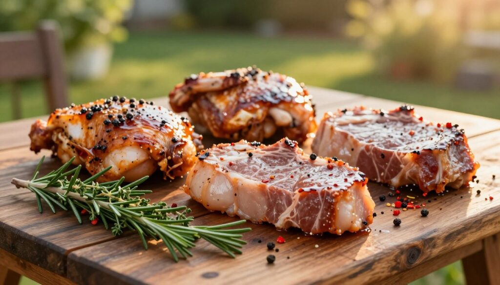 A rustic wooden table set outdoors, featuring a beautifully arranged selection of marinated chicken and pork steaks. The foreground showcases vibrant, fresh herbs like rosemary and thyme, intertwined with colorful spices such as paprika and black pepper. In the middle, the marinated meats glisten under the soft, golden light of a late afternoon sun, displaying rich colors and textures, emphasizing their juiciness. The background includes a blurred view of a green garden, creating an inviting and warm atmosphere. Use a shallow depth of field to focus on the meats, with natural lighting illuminating the scene to evoke a sense of mouthwatering anticipation for grilling. The overall mood is cozy and appetizing, perfect for a summer barbecue.