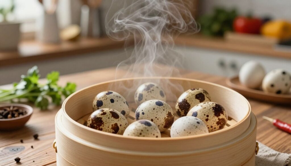 A serene kitchen scene focused on steaming quail eggs. In the foreground, a traditional steamer basket holds several small, delicately speckled quail eggs, glistening gently from the steam rising around them. The middle ground features a rustic wooden table adorned with fresh herbs and spices, hinting at flavor enhancements. Soft, natural lighting bathes the scene, creating a warm and inviting atmosphere. In the background, blurred shelves filled with kitchen utensils and vibrant vegetables suggest an organized, cozy cooking space. The overall mood is calm and nurturing, emphasizing the artisanal aspect of steaming quail eggs, perfect for gourmet cooking. The angle should be slightly above eye level to capture the eggs and the steamer basket in focus, inviting viewers to appreciate this culinary process. A serene kitchen scene focused on steaming quail eggs. In the foreground, a traditional steamer basket holds several small, delicately speckled quail eggs, glistening gently from the steam rising around them. The middle ground features a rustic wooden table adorned with fresh herbs and spices, hinting at flavor enhancements. Soft, natural lighting bathes the scene, creating a warm and inviting atmosphere. In the background, blurred shelves filled with kitchen utensils and vibrant vegetables suggest an organized, cozy cooking space. The overall mood is calm and nurturing, emphasizing the artisanal aspect of steaming quail eggs, perfect for gourmet cooking. The angle should be slightly above eye level to capture the eggs and the steamer basket in focus, inviting viewers to appreciate this culinary process.