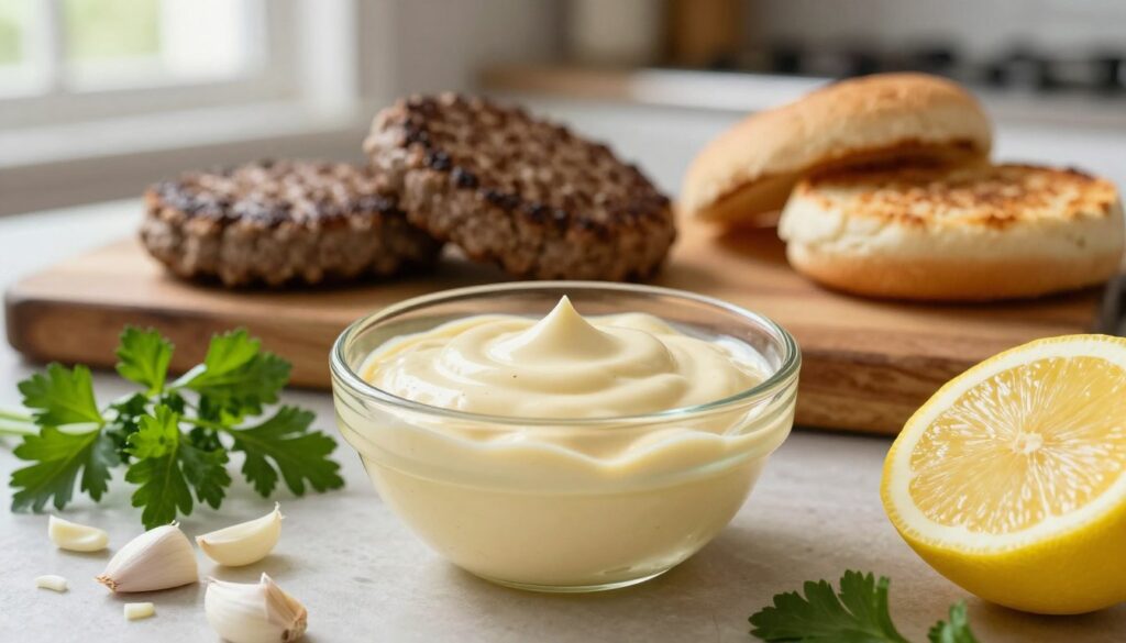 A simple, delicious burger sauce in a small glass bowl, surrounded by fresh ingredients. In the foreground, the shiny bowl of sauce is thick and creamy, with a smooth texture. Surrounding it are finely chopped garlic, fresh herbs like parsley, and a sliced lemon, showcasing the vibrant colors. In the middle ground, a rustic wooden cutting board is slightly visible, set with a few burger patties and a couple of buns lightly toasted. The background features a warm kitchen ambiance, with soft, natural lighting filtering in through a window, creating a cozy and inviting atmosphere. The focus is on the sauce, with a shallow depth of field emphasizing its rich texture.