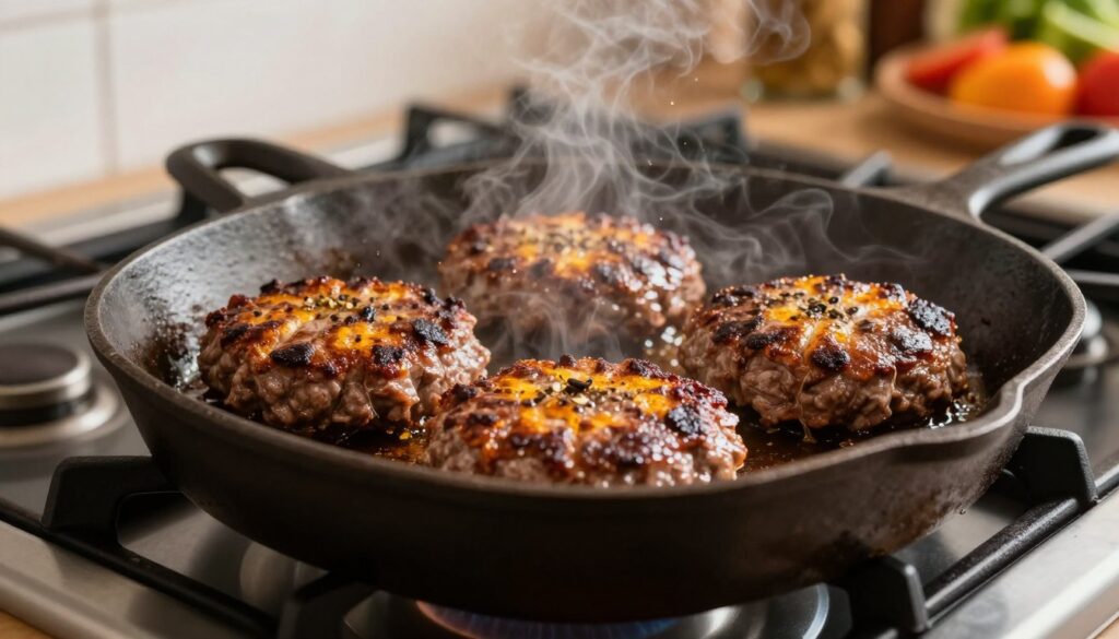 A sizzling scene of beef burgers frying in a cast iron skillet on a modern stovetop, with rich, golden-brown crust forming on the patties. In the foreground, focus on the burgers, juicy and perfectly shaped, glistening with seasonings. The middle layer showcases the skillet, with steam rising and small droplets of oil visible, adding to the cooking ambiance. In the background, a kitchen setting with soft, warm lighting enhances the inviting atmosphere, highlighting a glimpse of colorful vegetables and condiments on a nearby countertop. The image should evoke a sense of warmth and home-cooked goodness, capturing the essence of delicious meal preparation.