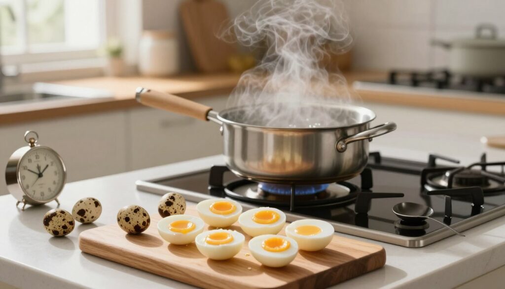 A step-by-step cooking scene featuring quail eggs. In the foreground, a wooden cutting board displays freshly boiled quail eggs, some halved to reveal their beautifully soft and creamy yolks. Surrounding the cutting board, an array of cooking tools – a small pot, a timer, and a spoon – evoke a sense of culinary preparation. In the middle, a gently simmering pot on a stovetop, steam rising, suggesting the process of boiling in action. In the background, a well-organized kitchen with soft natural lighting filtering through a window, casting gentle shadows. The atmosphere is warm and inviting, emphasizing a homey feel, perfect for illustrating the elegance of cooking quail eggs. A step-by-step cooking scene featuring quail eggs. In the foreground, a wooden cutting board displays freshly boiled quail eggs, some halved to reveal their beautifully soft and creamy yolks. Surrounding the cutting board, an array of cooking tools – a small pot, a timer, and a spoon – evoke a sense of culinary preparation. In the middle, a gently simmering pot on a stovetop, steam rising, suggesting the process of boiling in action. In the background, a well-organized kitchen with soft natural lighting filtering through a window, casting gentle shadows. The atmosphere is warm and inviting, emphasizing a homey feel, perfect for illustrating the elegance of cooking quail eggs.